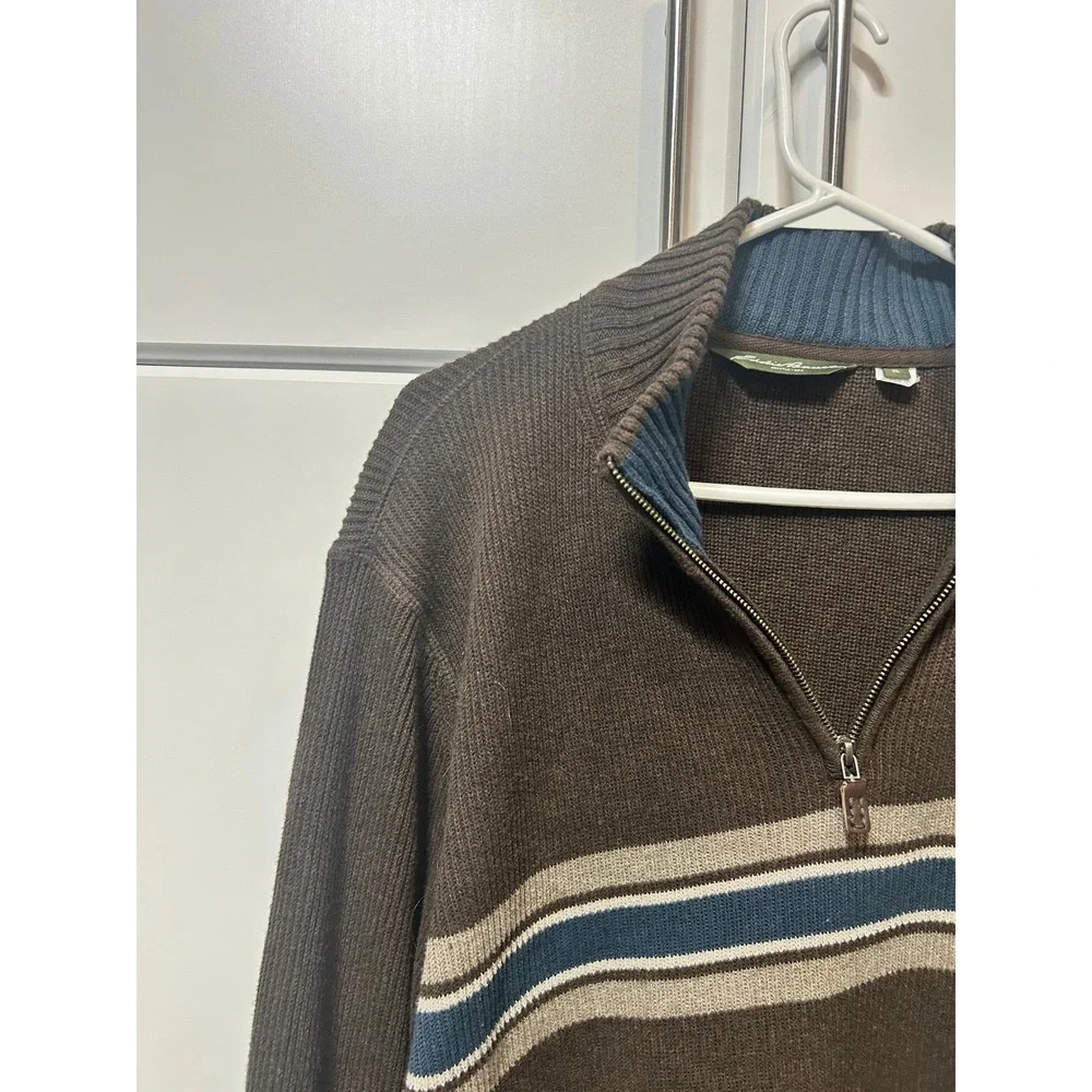 Eddie Bauer Mens XL Brown Striped Quarter Zip Ribbed Knit‎ Pullover Sweater